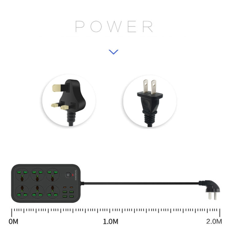 T24 2m 3000W 6 Plugs + PD + 4-USB Ports Multifunctional Flame-Retardant Socket With Switch, UK Plug, US Plug