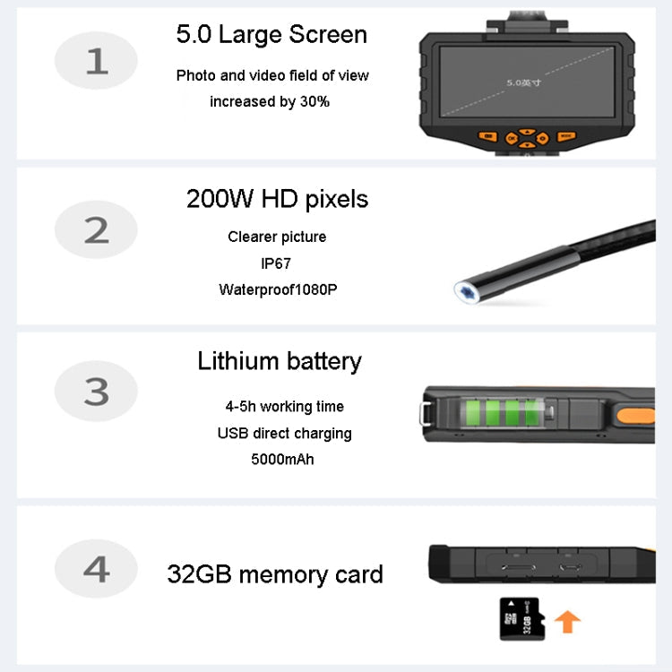 Teslong NTS300 5.5mm-1M Dual Lens Waterproof 5 Inch HD Industrial Borescope Auto Repair Tools, 5.5mm Dual Lens / 1m