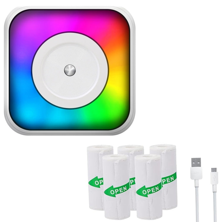 RGB Light Portable Mini Bluetooth Printer Inkless Document Label Printer, with 1-Roll Paper, with 5-Rolls Paper, with 5-Rolls Stickers, with 5 Paper+5 Stickers+3 Color Paper