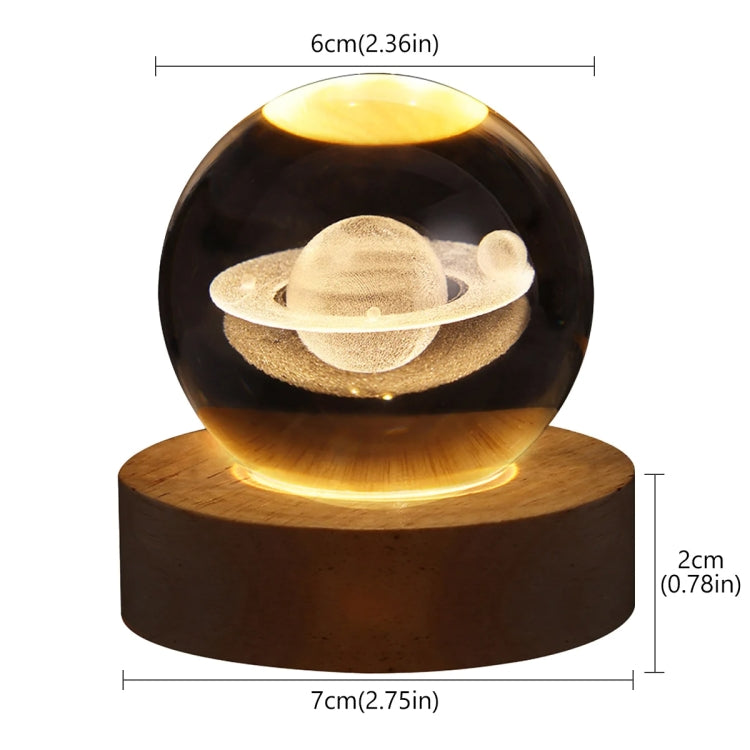 6cm With Warm Light Base 3D Laser Engraved Crystal Ball Night Light USB Glowing Glass Ball, Solar System, Saturn, Moon