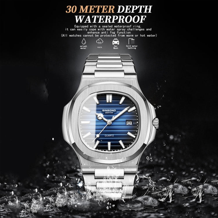 BINBOND B1885 30m Waterproof Retro Luminous Square Men Quartz Watch, Black Steel-Blue-White