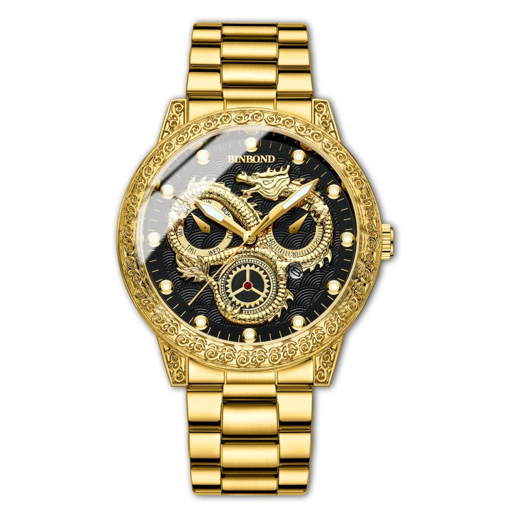 BINBOND B3030 Embossed Dragon Luminous Waterproof Quartz Watch, Full-gold Black, White Steel-White