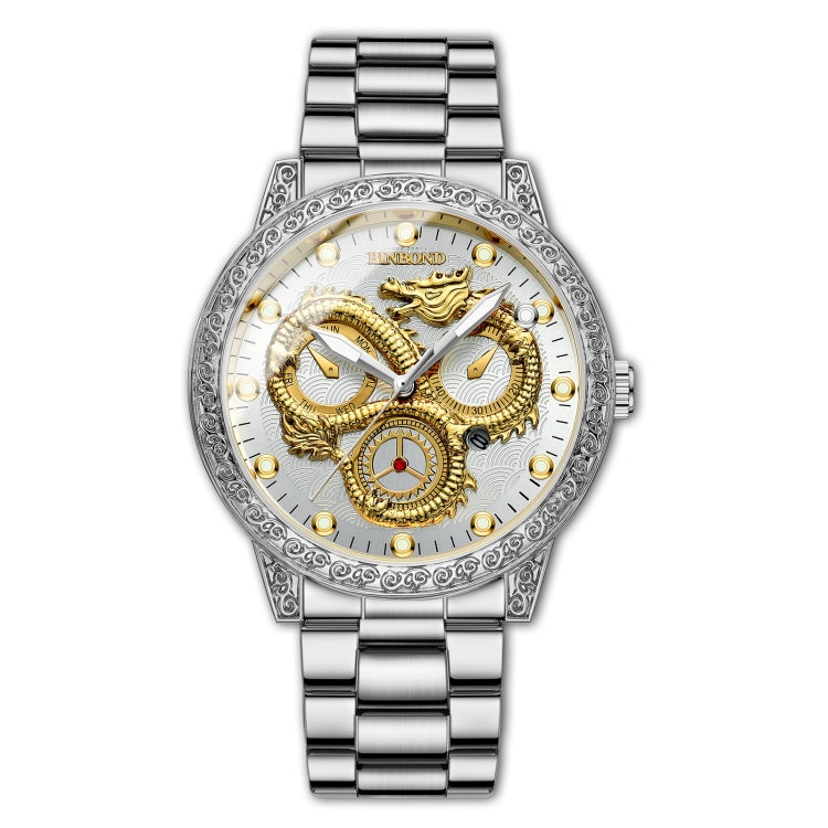 BINBOND B3030 Embossed Dragon Luminous Waterproof Quartz Watch, Full-gold Black, White Steel-White