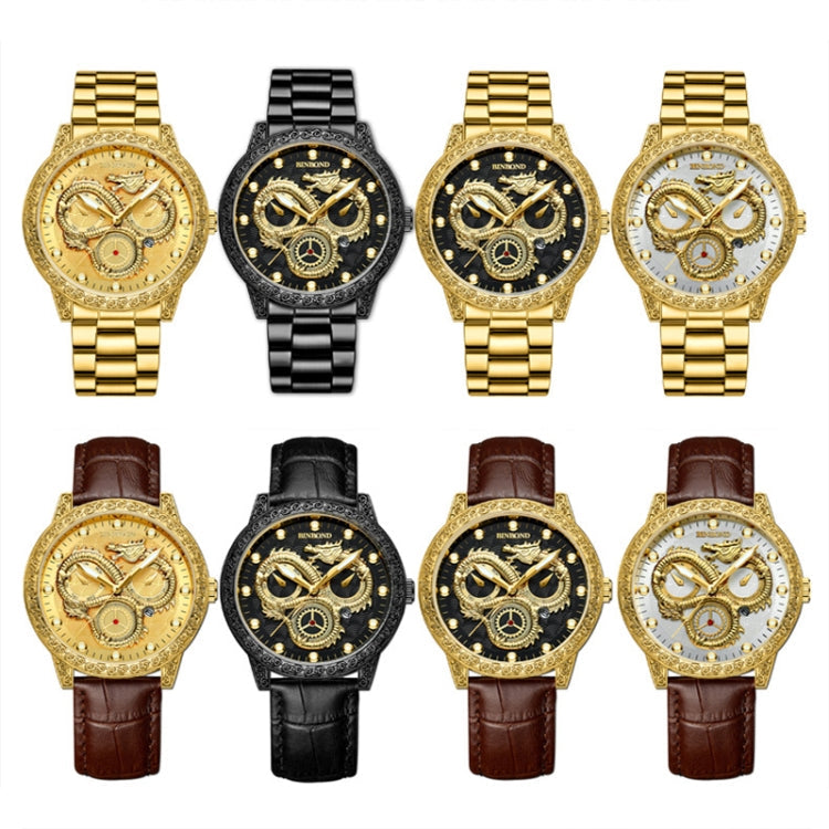 BINBOND B3030 Embossed Dragon Luminous Waterproof Quartz Watch, Full-gold Black, White Steel-White