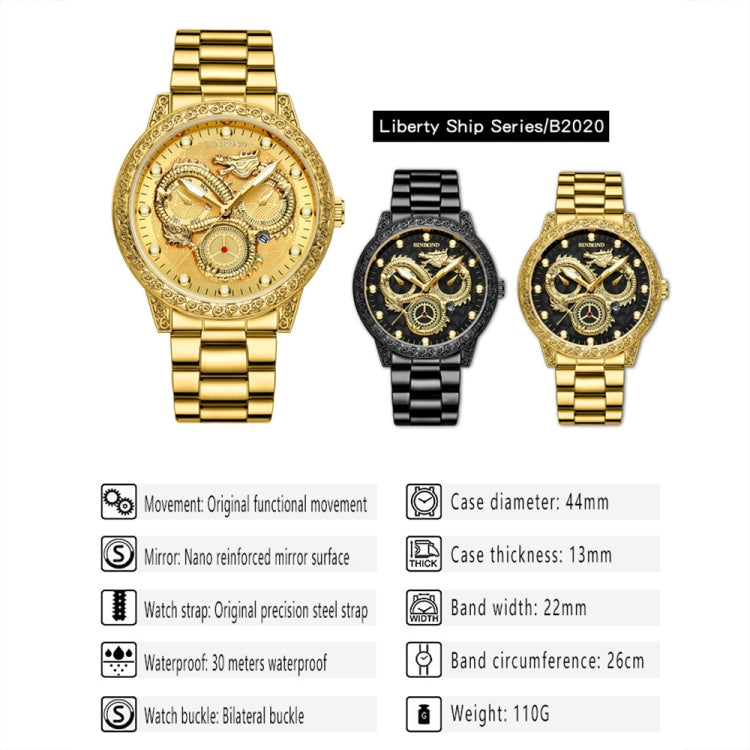 BINBOND B3030 Embossed Dragon Luminous Waterproof Quartz Watch, Full-gold Black, White Steel-White