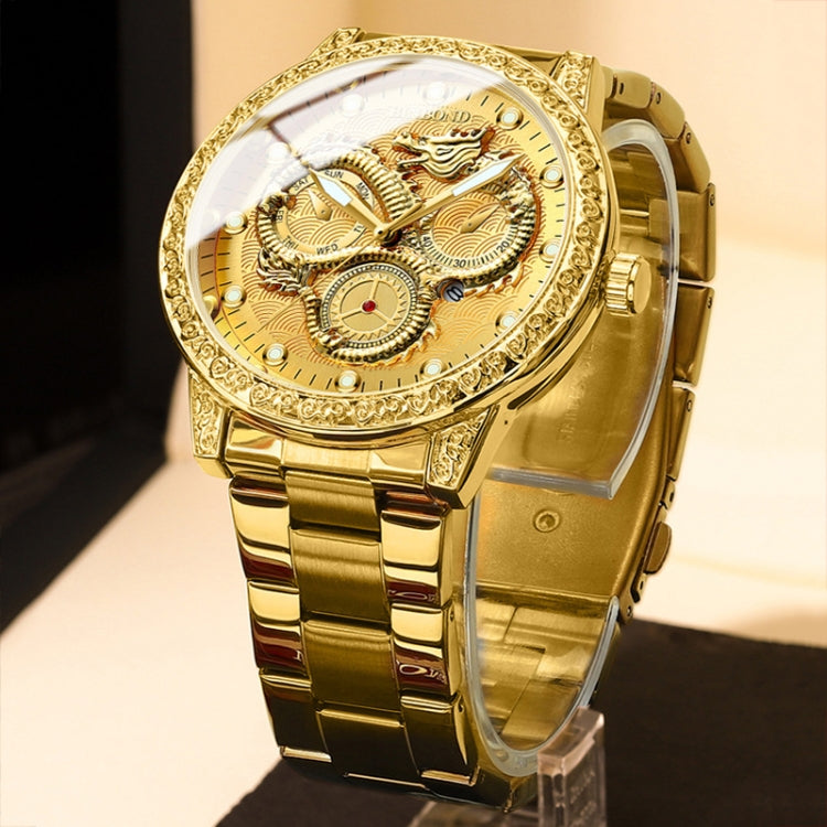 BINBOND B3030 Embossed Dragon Luminous Waterproof Quartz Watch, Full-gold Black, White Steel-White