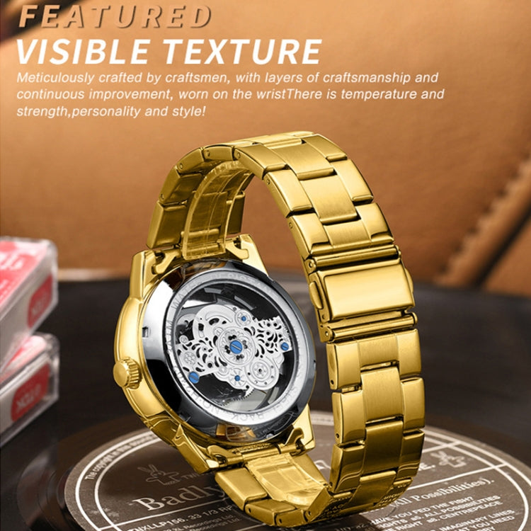 BINBOND B3030 Embossed Dragon Luminous Waterproof Quartz Watch, Full-gold Black, White Steel-White