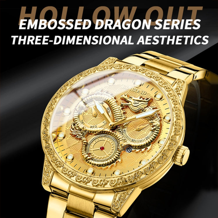 BINBOND B3030 Embossed Dragon Luminous Waterproof Quartz Watch, Full-gold Black, White Steel-White