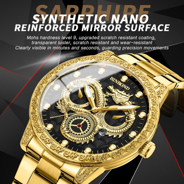 BINBOND B3030 Embossed Dragon Luminous Waterproof Quartz Watch, Full-gold Black, White Steel-White