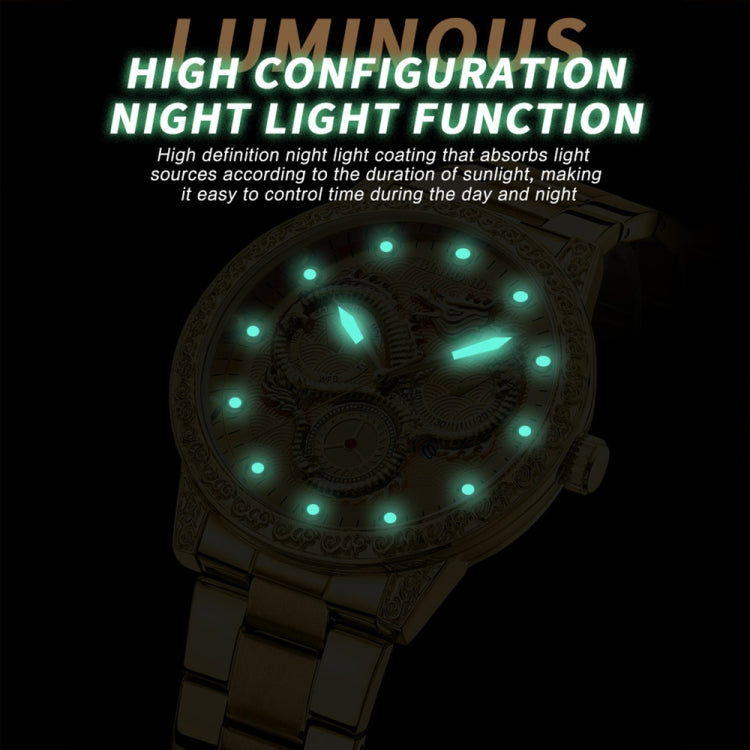 BINBOND B3030 Embossed Dragon Luminous Waterproof Quartz Watch, Full-gold Black, White Steel-White