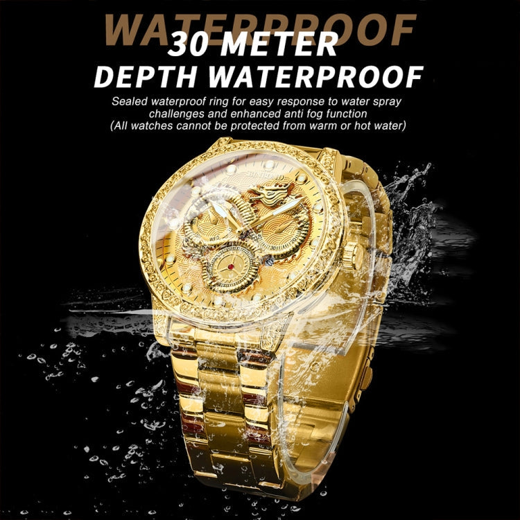 BINBOND B3030 Embossed Dragon Luminous Waterproof Quartz Watch, Full-gold Black, White Steel-White