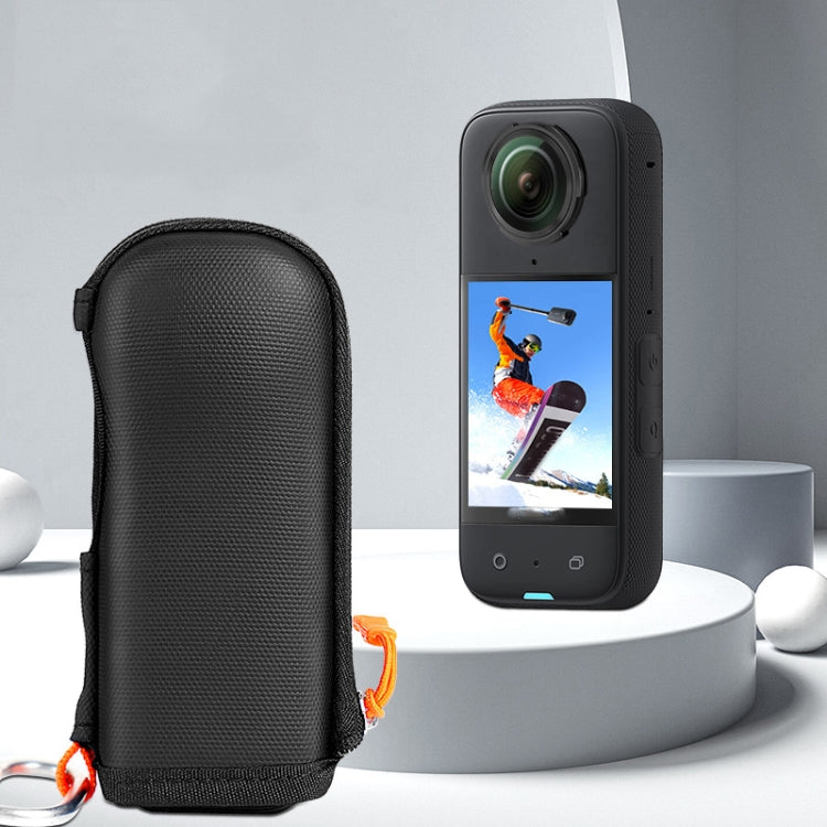 Compact black hard shell protective carrying case for Insta360 X4 mini body bag with mountaineering hook and soft velvet lining