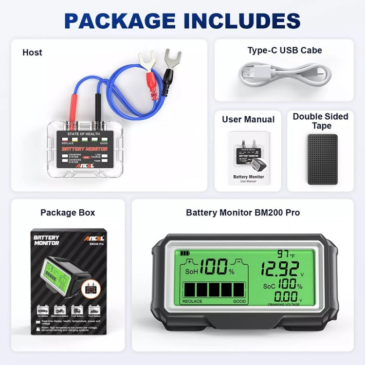 ANCEL 12V LED Car Battery Tester SOH/SOC Rechargeable Battery Analysis Tool, BM200 PRO