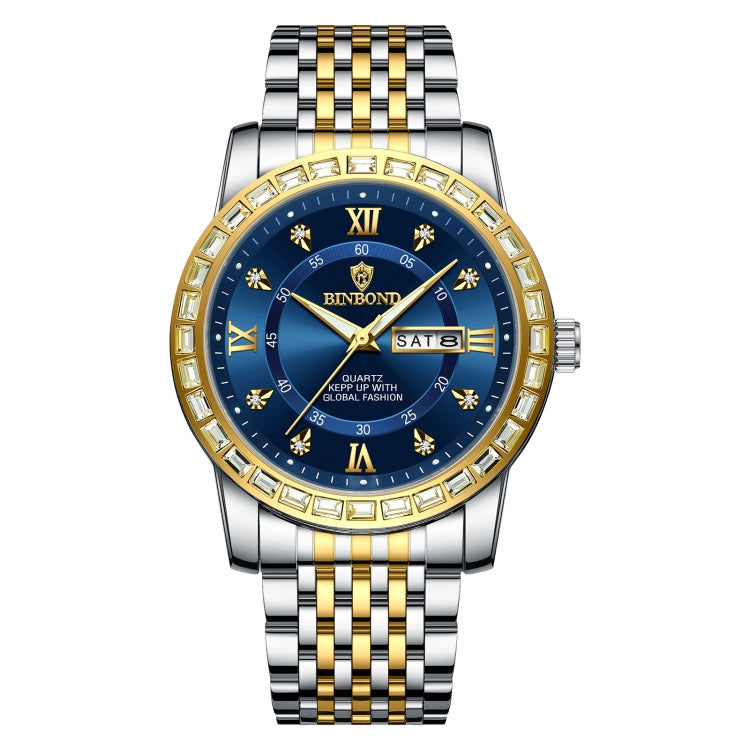 BINBOND B2202 Diamond Dual-calendar Luminous Quartz Watch, Inter-gold-Blue, Inter-gold-Green, Inter-gold-Black, Inter-gold-White, Full-gold-Gold, Full-gold-Black, White Steel-Blue, White Steel-Black