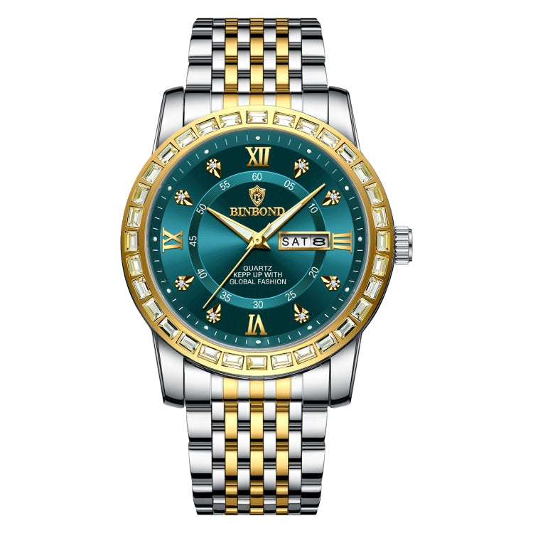 BINBOND B2202 Diamond Dual-calendar Luminous Quartz Watch, Inter-gold-Blue, Inter-gold-Green, Inter-gold-Black, Inter-gold-White, Full-gold-Gold, Full-gold-Black, White Steel-Blue, White Steel-Black