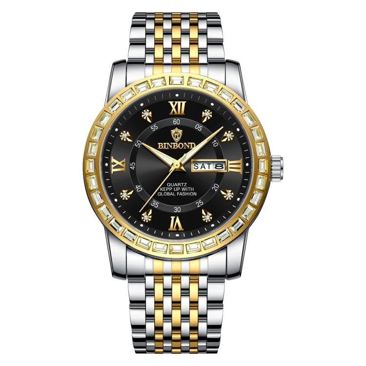 BINBOND B2202 Diamond Dual-calendar Luminous Quartz Watch, Inter-gold-Blue, Inter-gold-Green, Inter-gold-Black, Inter-gold-White, Full-gold-Gold, Full-gold-Black, White Steel-Blue, White Steel-Black