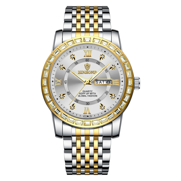 BINBOND B2202 Diamond Dual-calendar Luminous Quartz Watch, Inter-gold-Blue, Inter-gold-Green, Inter-gold-Black, Inter-gold-White, Full-gold-Gold, Full-gold-Black, White Steel-Blue, White Steel-Black