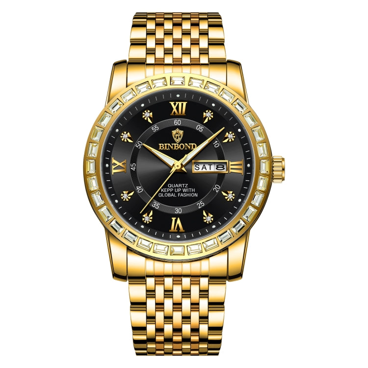 BINBOND B2202 Diamond Dual-calendar Luminous Quartz Watch, Inter-gold-Blue, Inter-gold-Green, Inter-gold-Black, Inter-gold-White, Full-gold-Gold, Full-gold-Black, White Steel-Blue, White Steel-Black