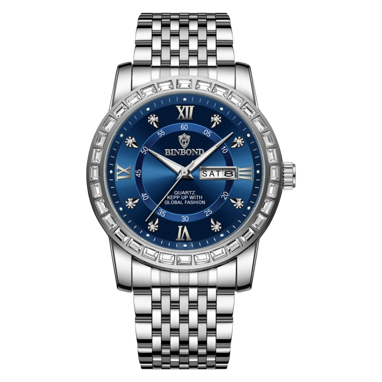 BINBOND B2202 Diamond Dual-calendar Luminous Quartz Watch, Inter-gold-Blue, Inter-gold-Green, Inter-gold-Black, Inter-gold-White, Full-gold-Gold, Full-gold-Black, White Steel-Blue, White Steel-Black