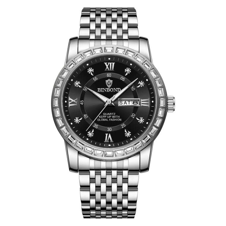 BINBOND B2202 Diamond Dual-calendar Luminous Quartz Watch, Inter-gold-Blue, Inter-gold-Green, Inter-gold-Black, Inter-gold-White, Full-gold-Gold, Full-gold-Black, White Steel-Blue, White Steel-Black