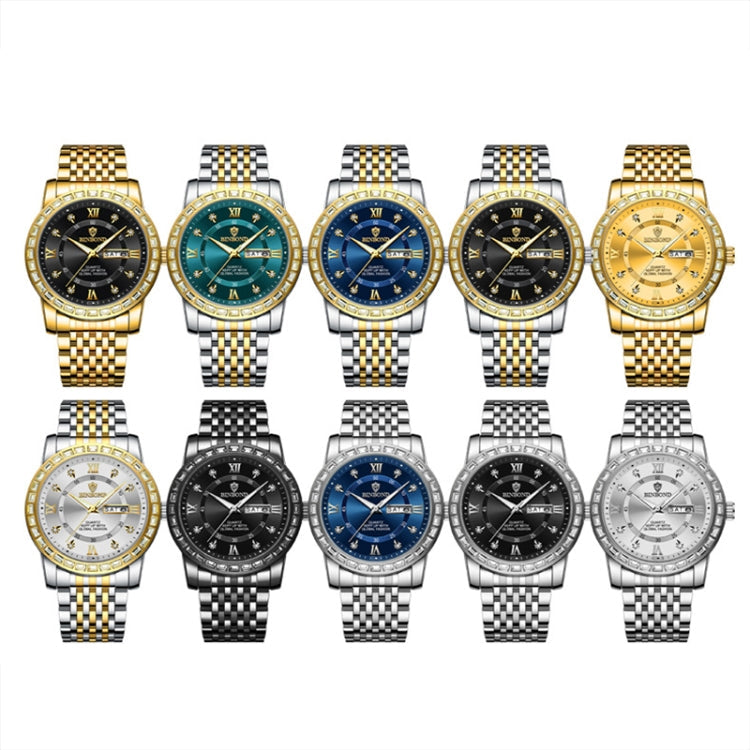 BINBOND B2202 Diamond Dual-calendar Luminous Quartz Watch, Inter-gold-Blue, Inter-gold-Green, Inter-gold-Black, Inter-gold-White, Full-gold-Gold, Full-gold-Black, White Steel-Blue, White Steel-Black