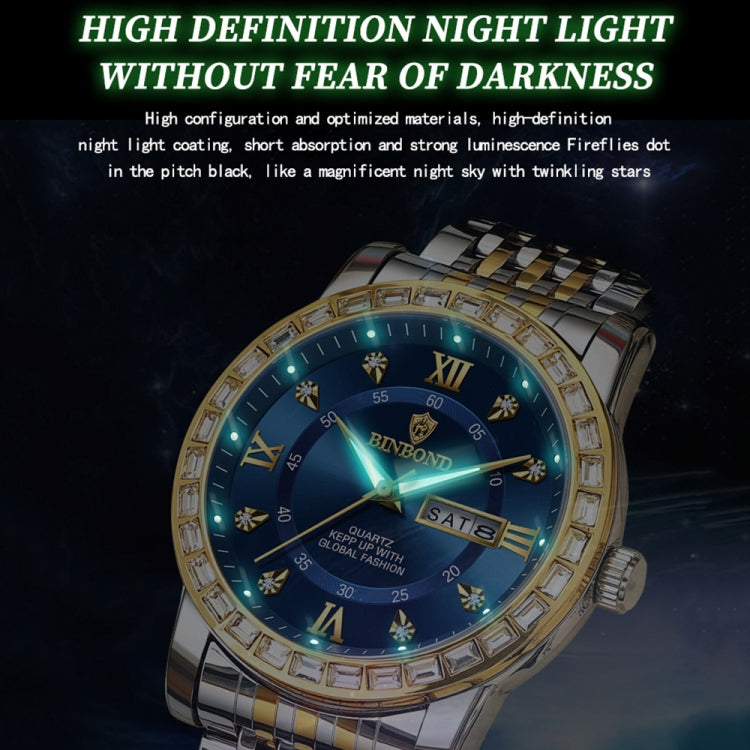 BINBOND B2202 Diamond Dual-calendar Luminous Quartz Watch, Inter-gold-Blue, Inter-gold-Green, Inter-gold-Black, Inter-gold-White, Full-gold-Gold, Full-gold-Black, White Steel-Blue, White Steel-Black