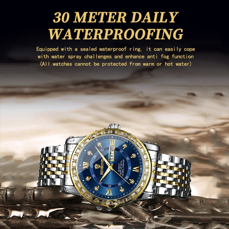 BINBOND B2202 Diamond Dual-calendar Luminous Quartz Watch, Inter-gold-Blue, Inter-gold-Green, Inter-gold-Black, Inter-gold-White, Full-gold-Gold, Full-gold-Black, White Steel-Blue, White Steel-Black