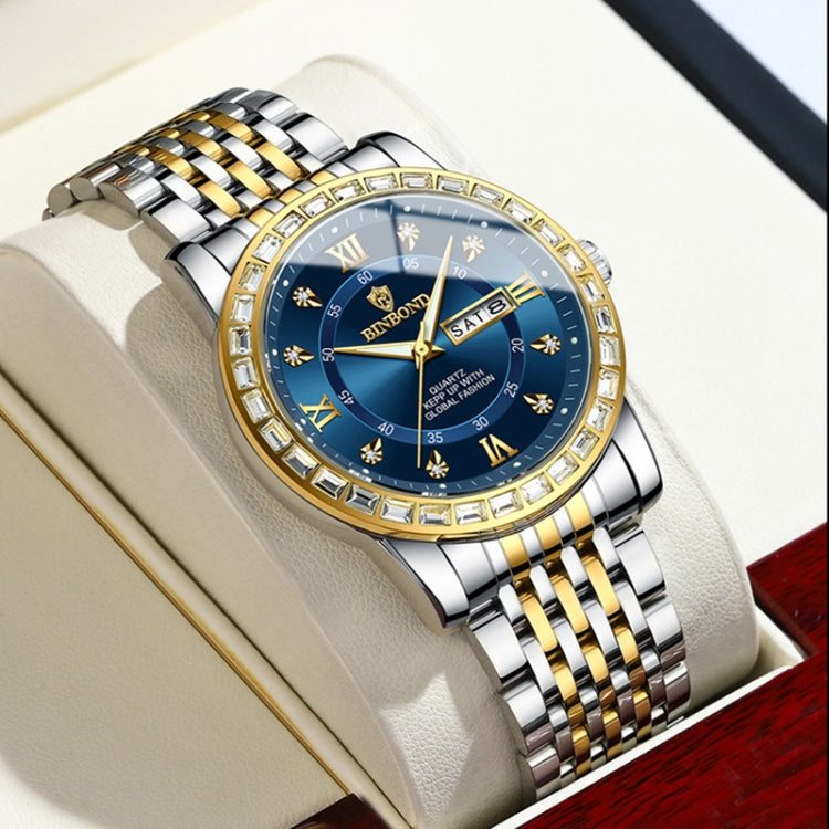 BINBOND B2202 Diamond Dual-calendar Luminous Quartz Watch, Inter-gold-Blue, Inter-gold-Green, Inter-gold-Black, Inter-gold-White, Full-gold-Gold, Full-gold-Black, White Steel-Blue, White Steel-Black