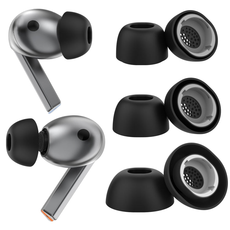 Silicone earbud tips for Samsung Galaxy Buds3 Pro, black in three sizes with rounded, flared sleeves and mesh openings.