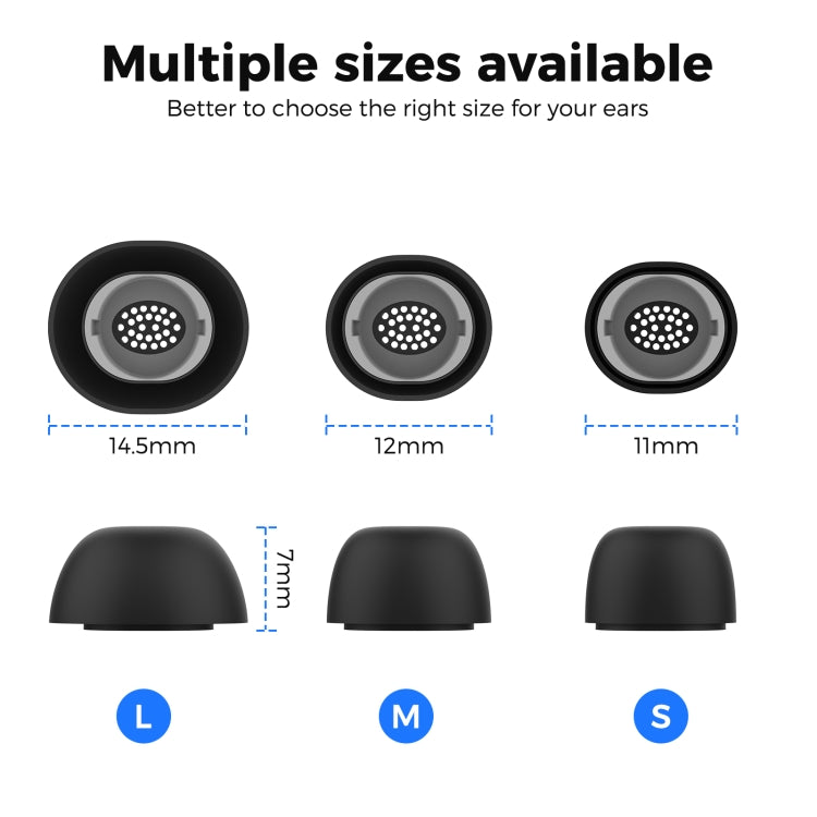 Silicone earbud tips for Samsung Galaxy Buds3 Pro, black in three sizes with perforated inner openings.