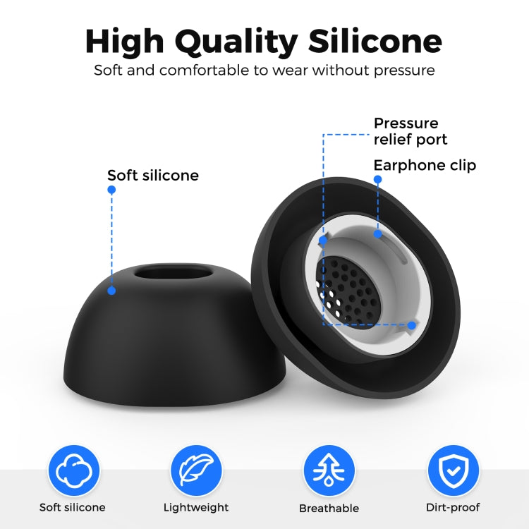 Silicone earbud tips for Samsung Galaxy Buds3 Pro, black with smooth tapered shape, pressure relief port and earphone clip structure.