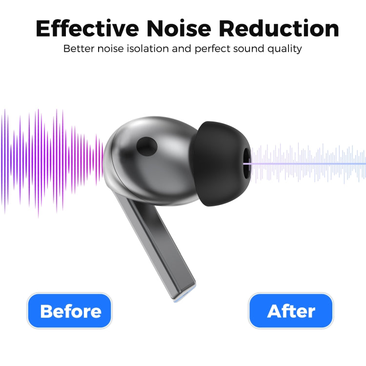 Black silicone earbud tip for Samsung Galaxy Buds3 Pro, shown fitted on a metallic gray earbud with noise reduction graphic.