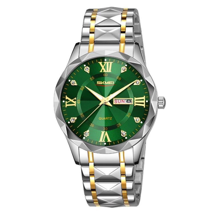 SKMEI Business Casual Watches Diamond Case Luminous Waterproof Quartz Watch, Men Silver Gold Strap Silver Dial, Men Silver Gold Strap Green Dial, Men Silver Gold Strap Black Dial, Men Silver Case Silver Dial, Men Silver Case Gray Dial                  ...