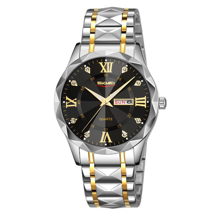 SKMEI Business Casual Watches Diamond Case Luminous Waterproof Quartz Watch, Men Silver Gold Strap Silver Dial, Men Silver Gold Strap Green Dial, Men Silver Gold Strap Black Dial, Men Silver Case Silver Dial, Men Silver Case Gray Dial                  ...