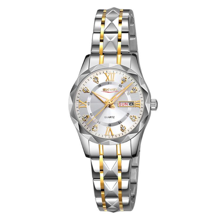 SKMEI Business Casual Watches Diamond Case Luminous Waterproof Quartz Watch, Men Silver Gold Strap Silver Dial, Men Silver Gold Strap Green Dial, Men Silver Gold Strap Black Dial, Men Silver Case Silver Dial, Men Silver Case Gray Dial                  ...