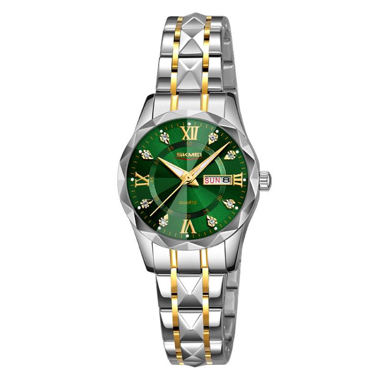 SKMEI Business Casual Watches Diamond Case Luminous Waterproof Quartz Watch, Men Silver Gold Strap Silver Dial, Men Silver Gold Strap Green Dial, Men Silver Gold Strap Black Dial, Men Silver Case Silver Dial, Men Silver Case Gray Dial                  ...