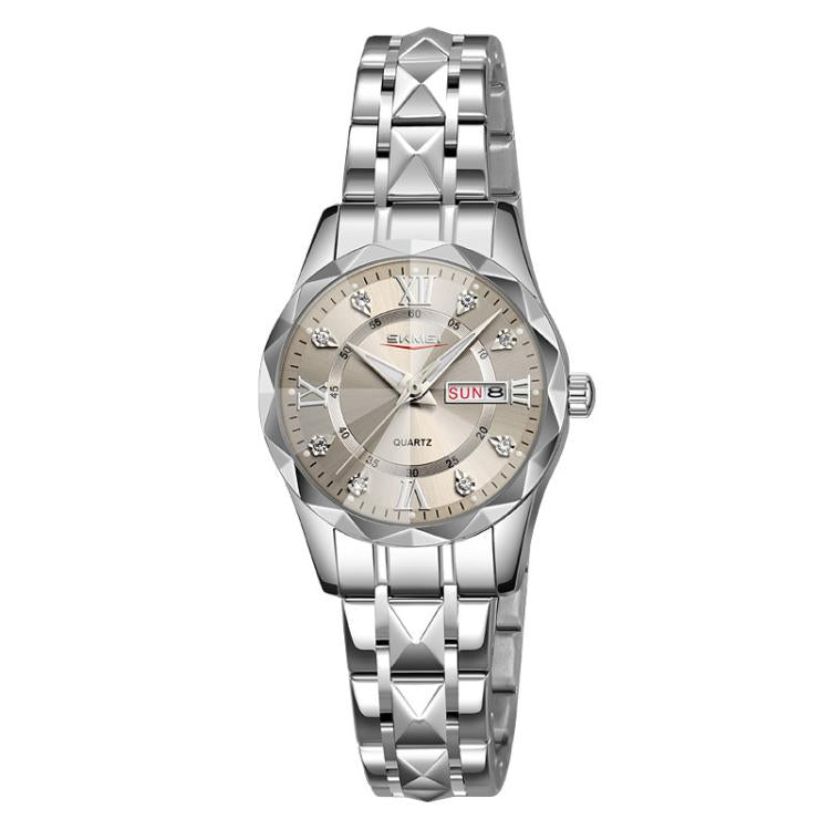 SKMEI Business Casual Watches Diamond Case Luminous Waterproof Quartz Watch, Men Silver Gold Strap Silver Dial, Men Silver Gold Strap Green Dial, Men Silver Gold Strap Black Dial, Men Silver Case Silver Dial, Men Silver Case Gray Dial                  ...