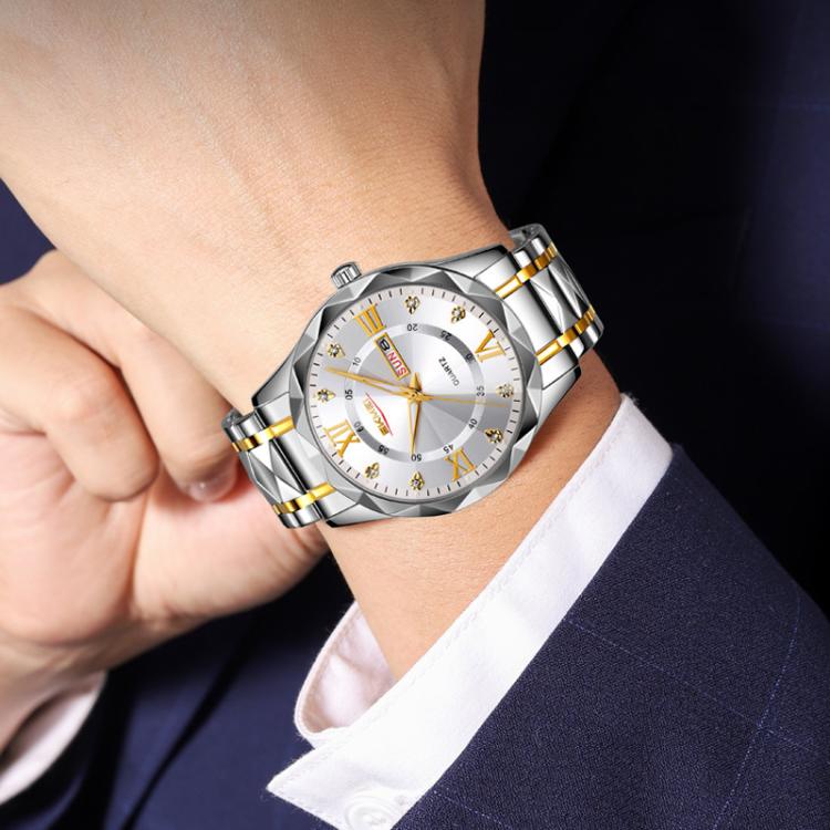 SKMEI Business Casual Watches Diamond Case Luminous Waterproof Quartz Watch, Men Silver Gold Strap Silver Dial, Men Silver Gold Strap Green Dial, Men Silver Gold Strap Black Dial, Men Silver Case Silver Dial, Men Silver Case Gray Dial                  ...
