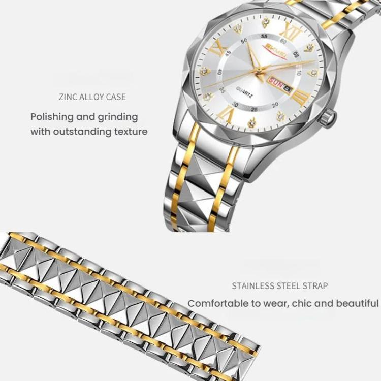 SKMEI Business Casual Watches Diamond Case Luminous Waterproof Quartz Watch, Men Silver Gold Strap Silver Dial, Men Silver Gold Strap Green Dial, Men Silver Gold Strap Black Dial, Men Silver Case Silver Dial, Men Silver Case Gray Dial                  ...