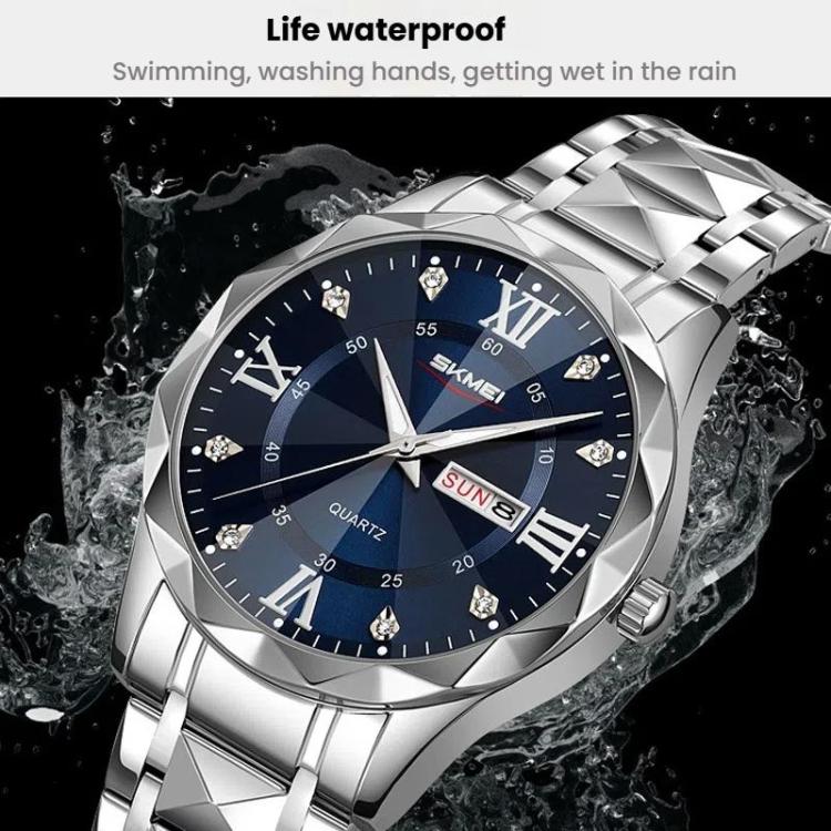 SKMEI Business Casual Watches Diamond Case Luminous Waterproof Quartz Watch, Men Silver Gold Strap Silver Dial, Men Silver Gold Strap Green Dial, Men Silver Gold Strap Black Dial, Men Silver Case Silver Dial, Men Silver Case Gray Dial                  ...