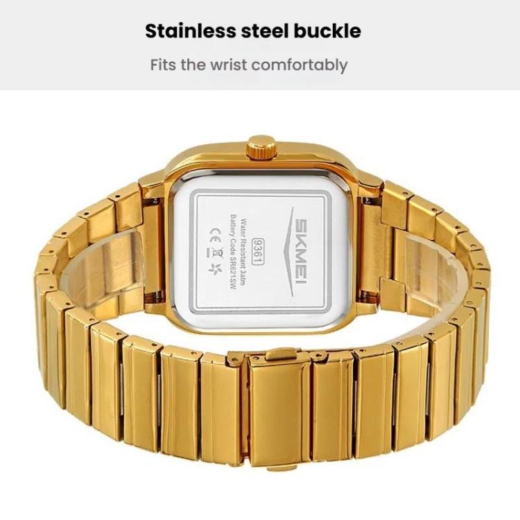 SKMEI 9361 Steel Strap Textured Dial Watch Business Casual Square Quartz Watch, Gold Case Gold Dial, Gold Case Gray Dial, Silver Gold Case Silver Dial, Silver Gold Case Blue Dial, Silver Gold Case Black Dial, Silver Case Silver Dial, Silver Case Gray D...