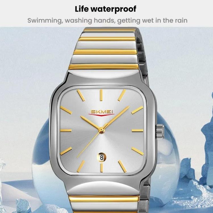 SKMEI 9361 Steel Strap Textured Dial Watch Business Casual Square Quartz Watch, Gold Case Gold Dial, Gold Case Gray Dial, Silver Gold Case Silver Dial, Silver Gold Case Blue Dial, Silver Gold Case Black Dial, Silver Case Silver Dial, Silver Case Gray D...