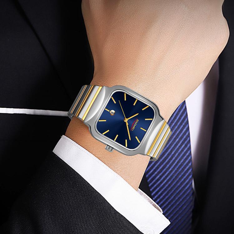 SKMEI 9361 Steel Strap Textured Dial Watch Business Casual Square Quartz Watch, Gold Case Gold Dial, Gold Case Gray Dial, Silver Gold Case Silver Dial, Silver Gold Case Blue Dial, Silver Gold Case Black Dial, Silver Case Silver Dial, Silver Case Gray D...