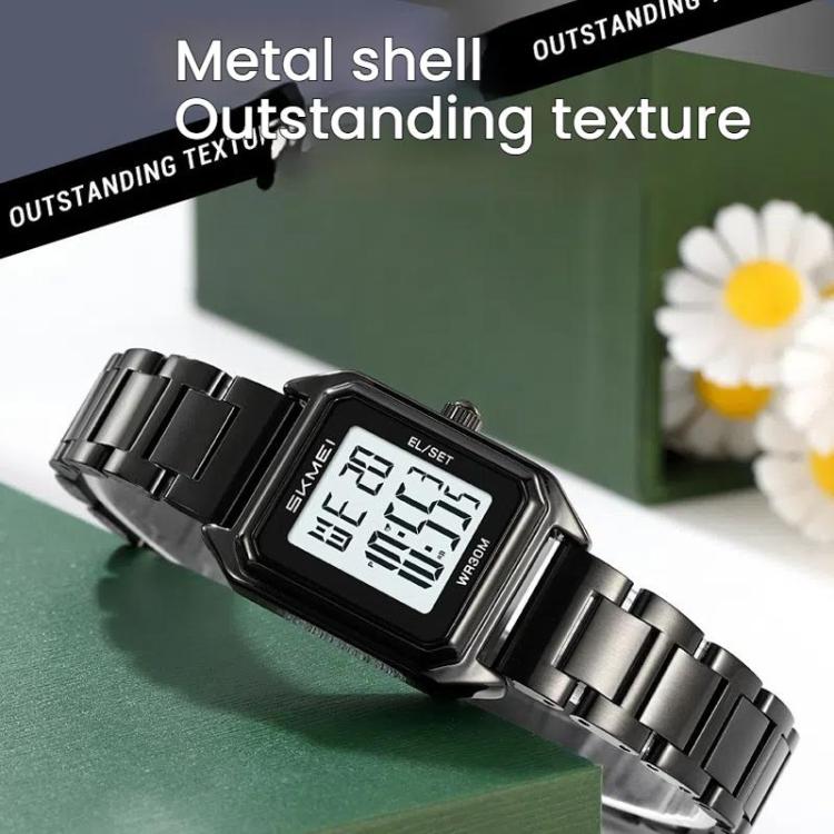 SKMEI 2493 Small Women Electronic Watch Square Steel Strap Watch, Gold Case White, Gold Case Black, Silver Case White, Silver Case Black, Black Case White, Black Case Black