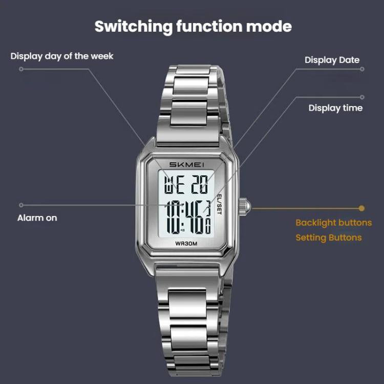 SKMEI 2493 Small Women Electronic Watch Square Steel Strap Watch, Gold Case White, Gold Case Black, Silver Case White, Silver Case Black, Black Case White, Black Case Black