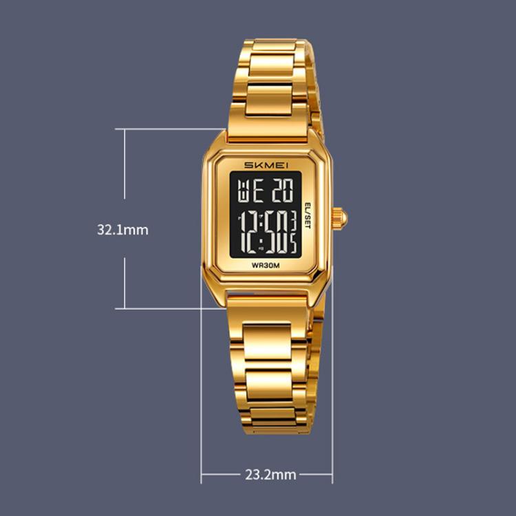 SKMEI 2493 Small Women Electronic Watch Square Steel Strap Watch, Gold Case White, Gold Case Black, Silver Case White, Silver Case Black, Black Case White, Black Case Black