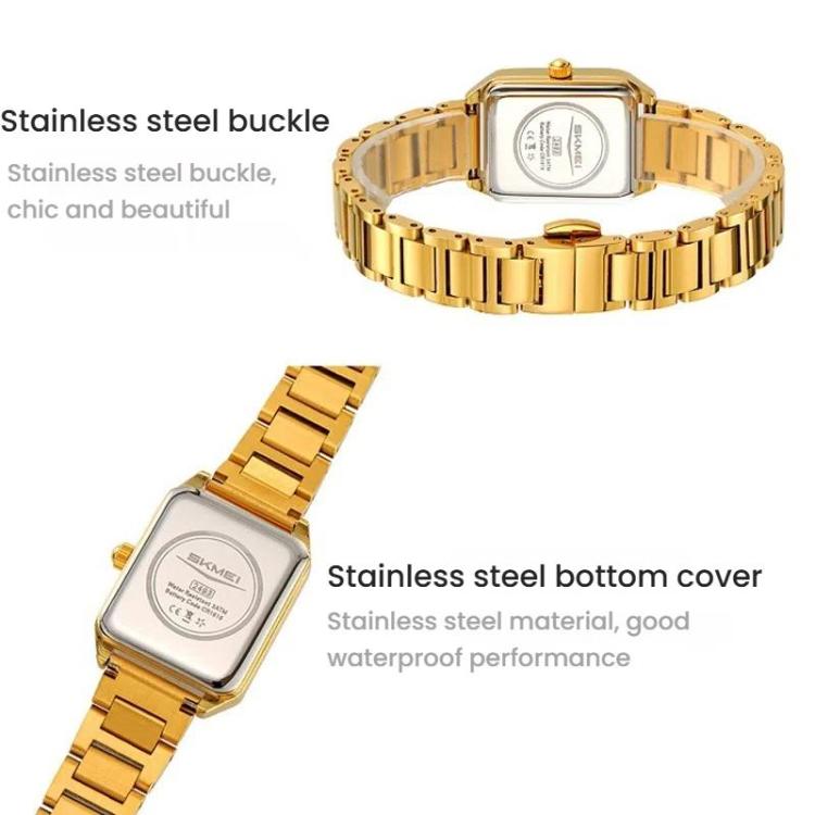 SKMEI 2493 Small Women Electronic Watch Square Steel Strap Watch, Gold Case White, Gold Case Black, Silver Case White, Silver Case Black, Black Case White, Black Case Black