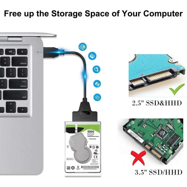 USB 3.0/USB-C to SATA 22-Pin Adapter Cable for 2.5-inch Laptop HDD/SSD, 25cm