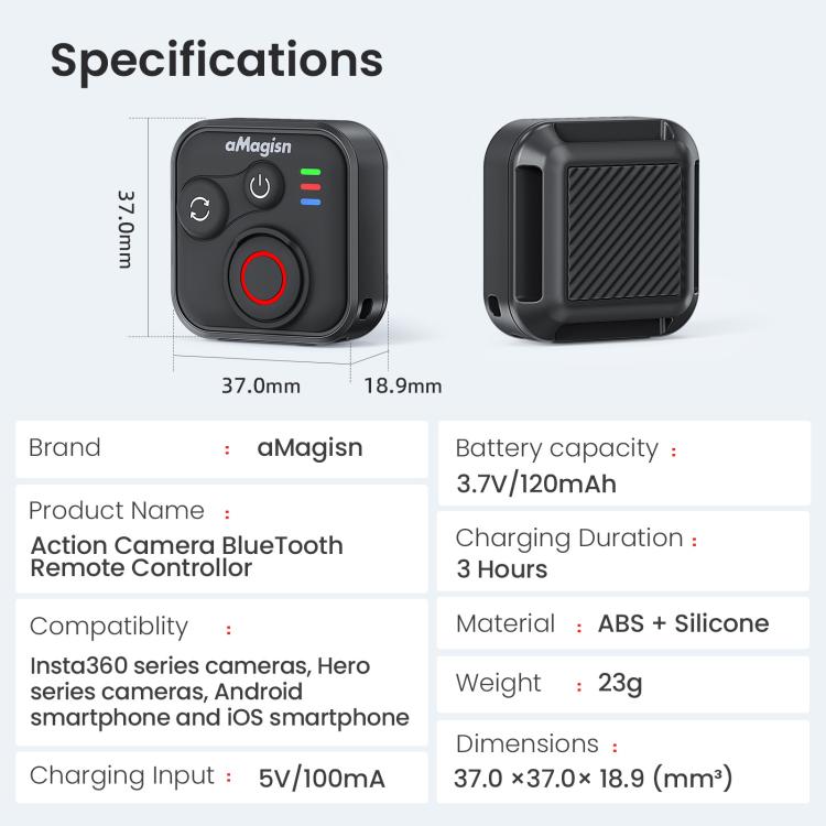 aMagisn Wireless Bluetooth Remote Control for Insta360, GoPro Hero Cameras & Smartphones - 50m Long Range, AM22