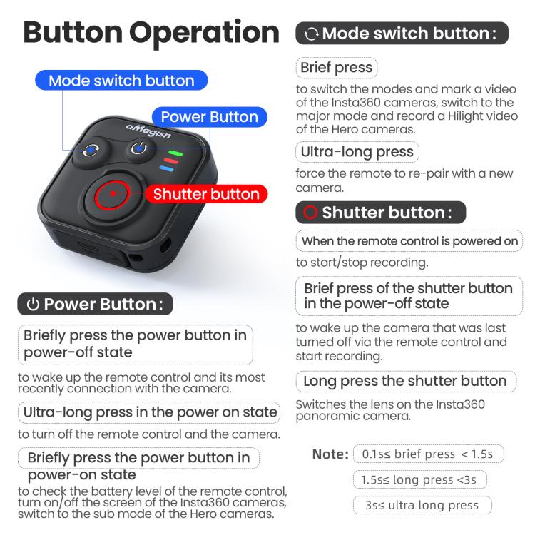 aMagisn Wireless Bluetooth Remote Control for Insta360, GoPro Hero Cameras & Smartphones - 50m Long Range, AM22